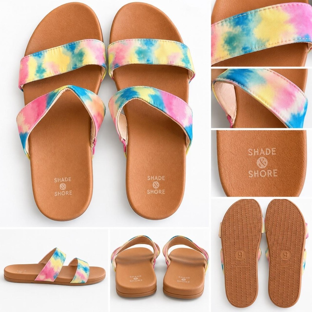 Shade & Shore Women's Size 9 Pastel Tie Dye Two Band Slide Sandals
